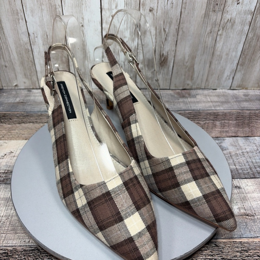 French Connection Women’s Brown Plaid Quinn Kitten Heels Size 10